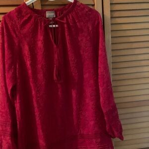 Chico's Vibrant Red Embroidered Tie-Neck L/S Blouse